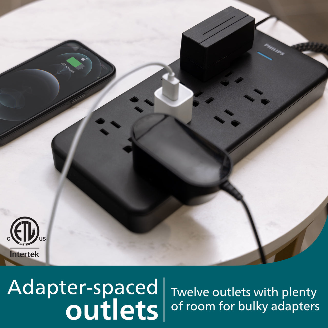 Philips Surge Protector, 12 Outlet, Adapter-Spaced, 3500J, Braided Cord, 6ft, Black,
