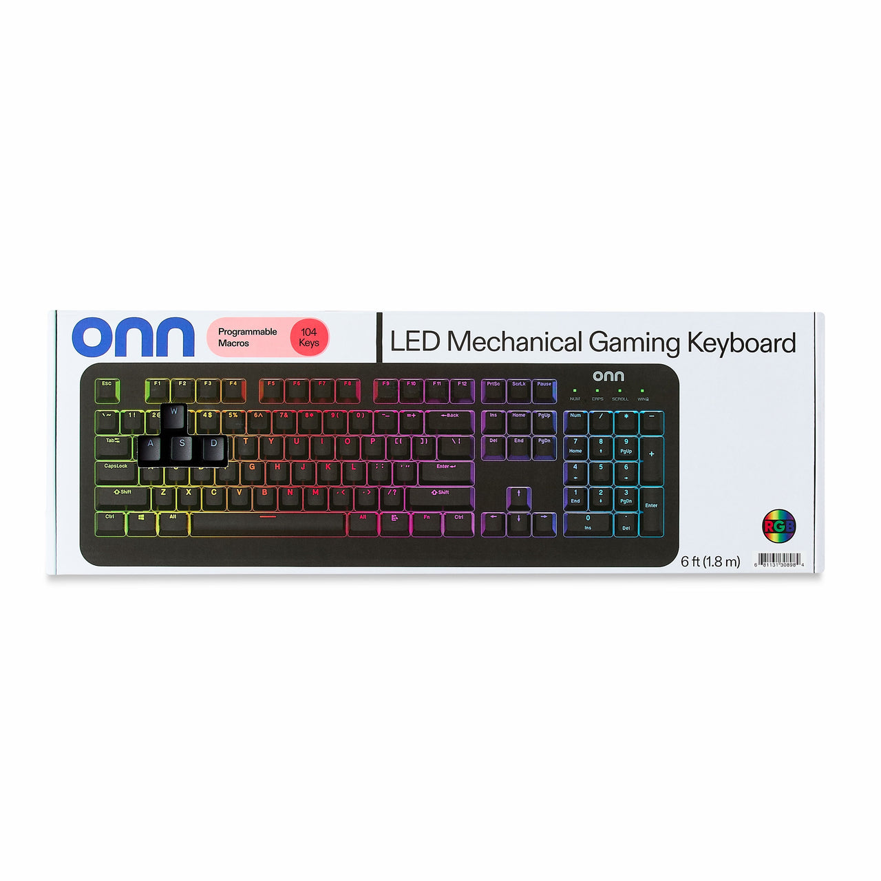 onn Gaming Mechanical Keyboard with Blue Switches, Adjustable 16.8M LED Lighting, 104 Keys, Black