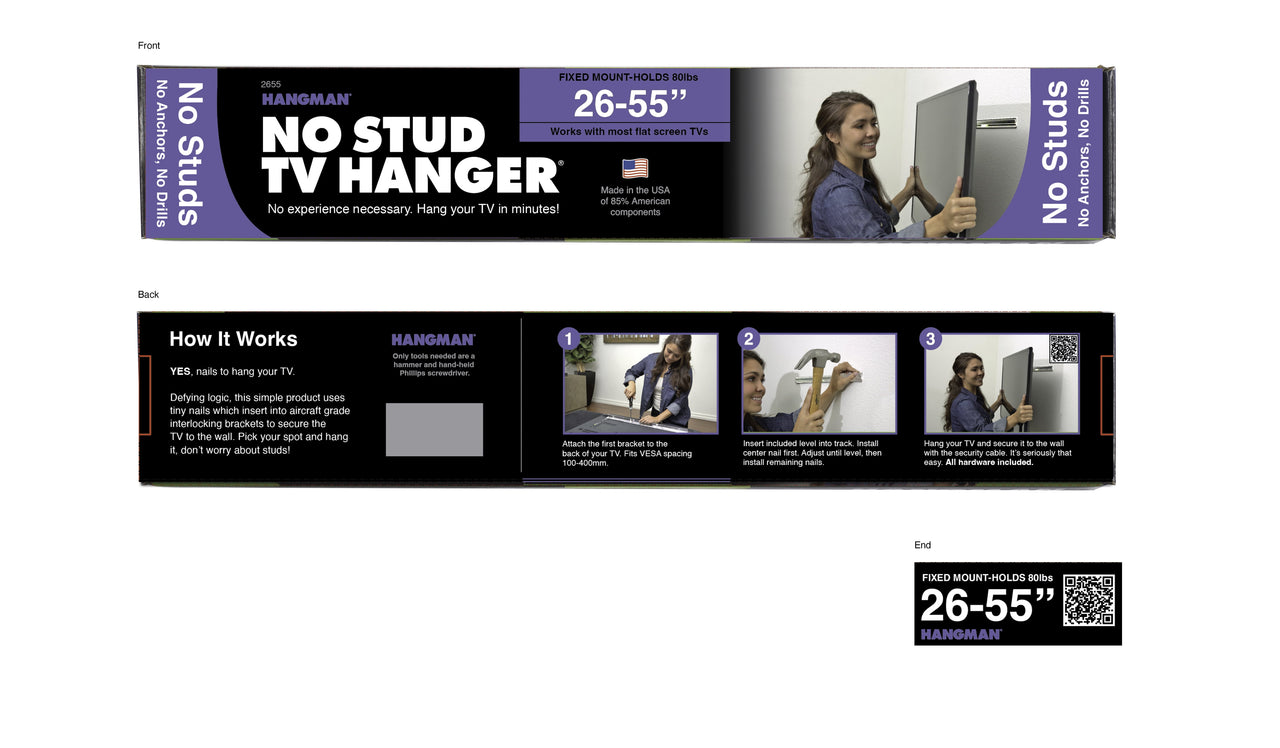Hangman No Stud TV Hanger 2655 - Fits Screens 26" - 55" - Holds 80 lbs - No Stud, No Drills, No Anchors Required