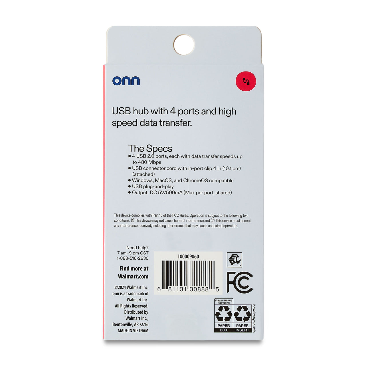 onn Portable 4-Port USB Hub with USB 2.0 Ports