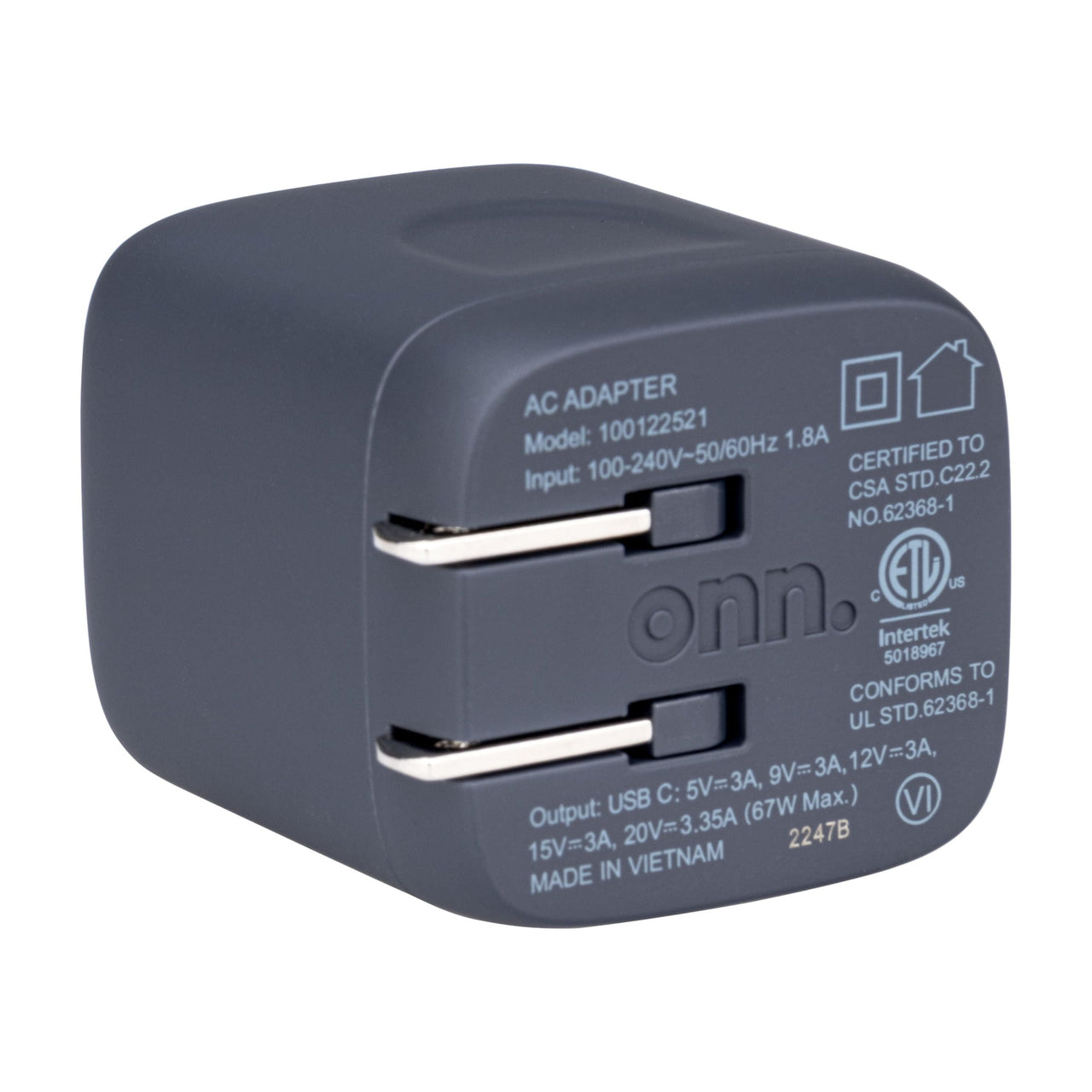 onn GAN 67W Laptop Charger with 1 USB-C Port, Compatible for Apple,Dell,HP,Asus,Acer,Lenovo,Grey