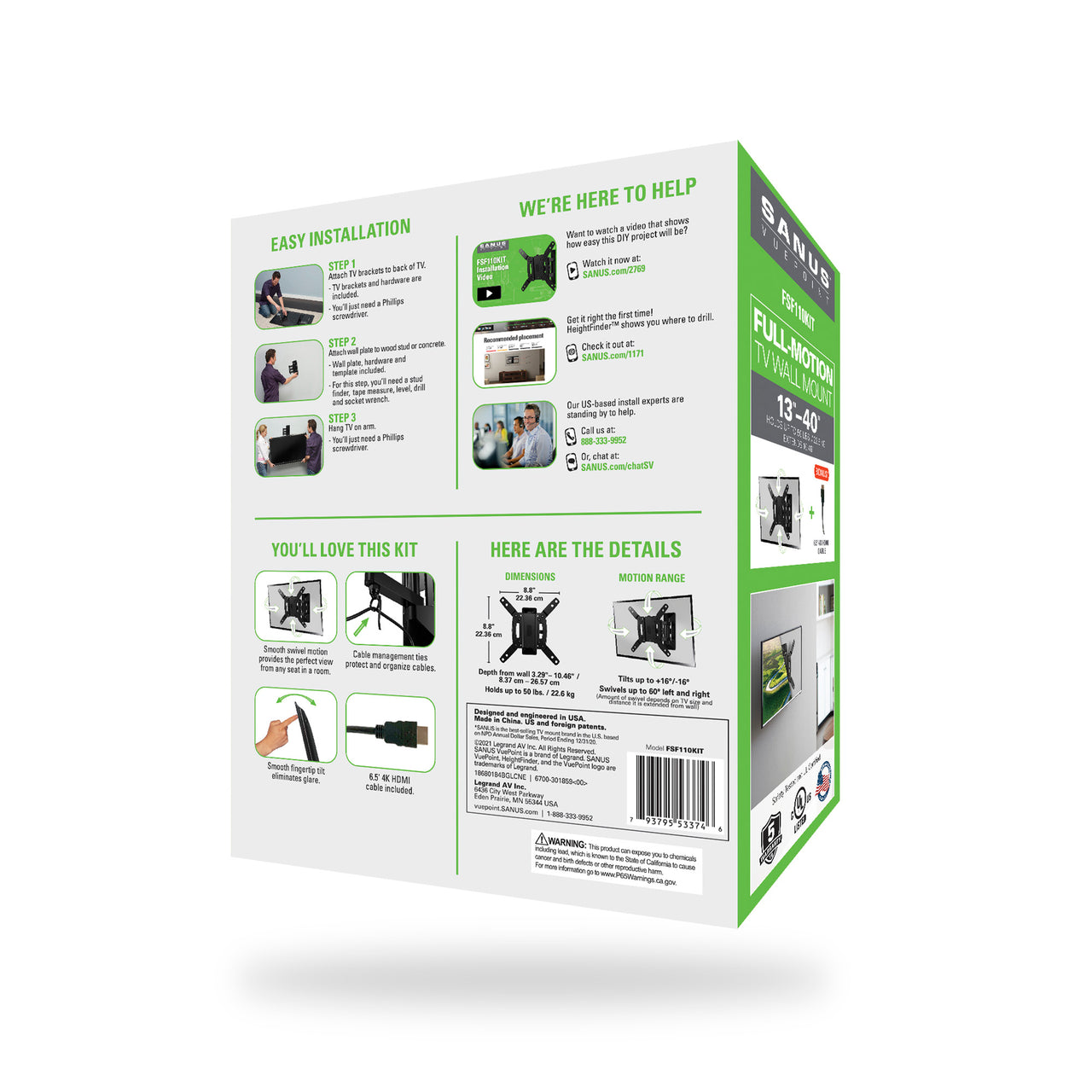SANUS VuePoint Full-Motion TV Wall Mount for TVs 13"-40" up to 50 lbs, Comes with HDMI cable