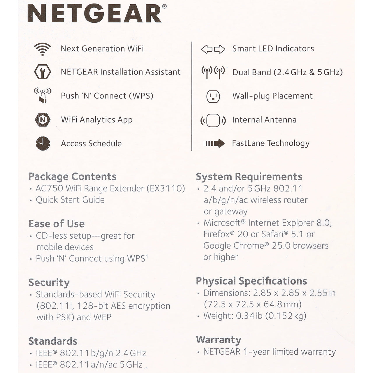 NETGEAR - AC750 WiFi Range Extender and Signal Booster, Wall-plug, 750Mbps (EX3110)