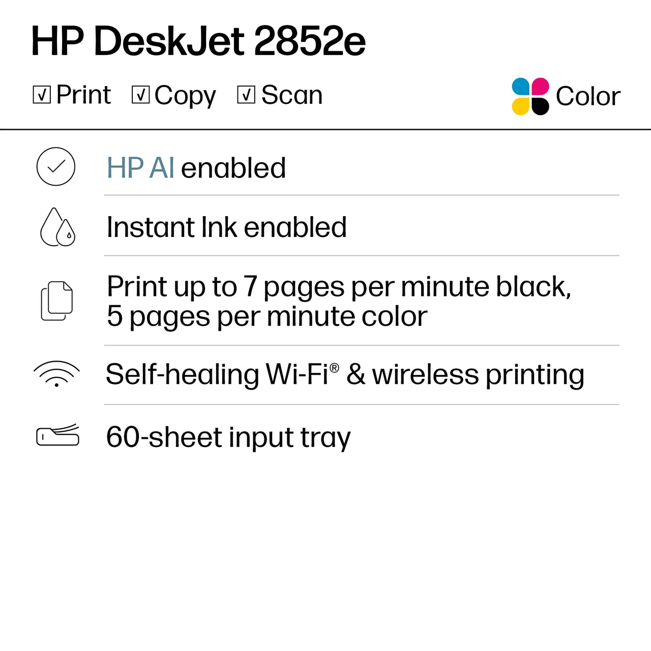 HP DeskJet 2852e Wireless All-in-One Color Inkjet Printer (White), Scanner, Copier, 3 months Free Instant Ink