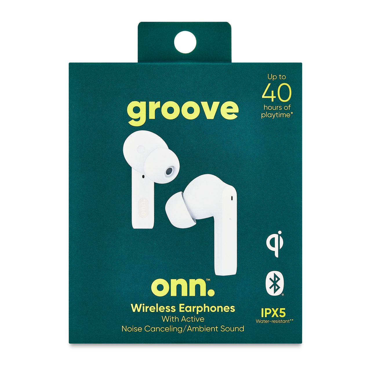 onn Bluetooth Wireless Earphones with Active Noise Canceling and Wireless Charging Case, White
