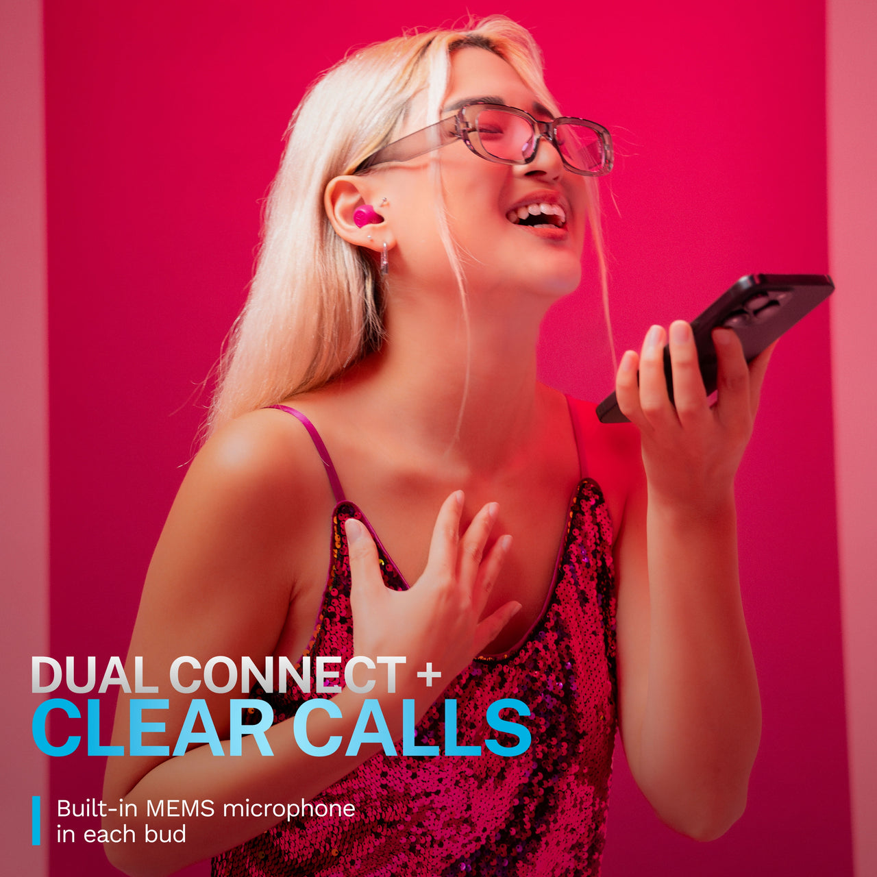 JLab GO Pop Active Noise Cancelling Bluetooth Earbuds, Charging Case, Fuchsia