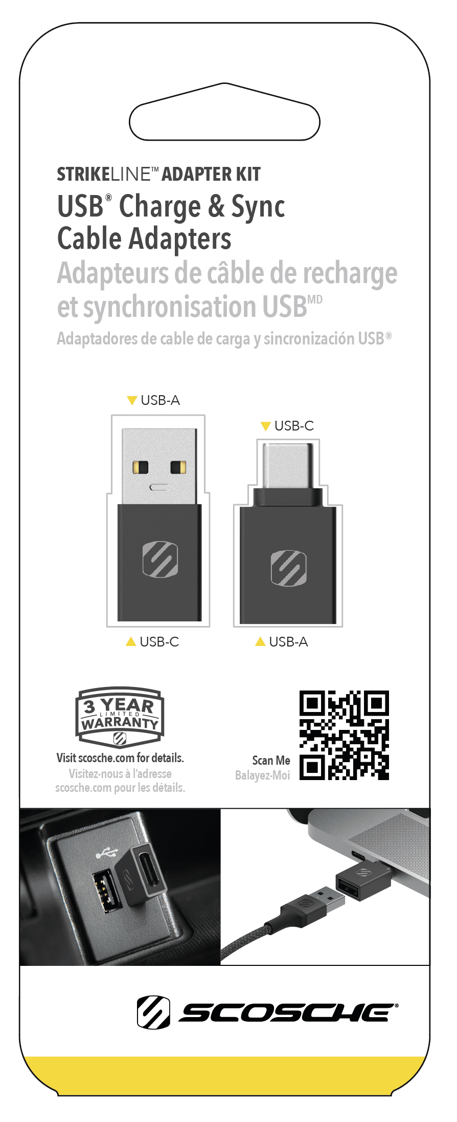 Scosche Strikeline Adapter Kit USB-C to USB-A & Type-C Converter 2-pk CAAKIT-RP Black