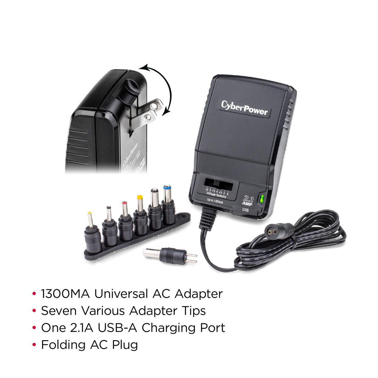 CyberPower CPUAC1U1300 - Universal Power Adapter, 1300mA, USB & Round-Pin Connectors, 7 Tips, Folding Plug