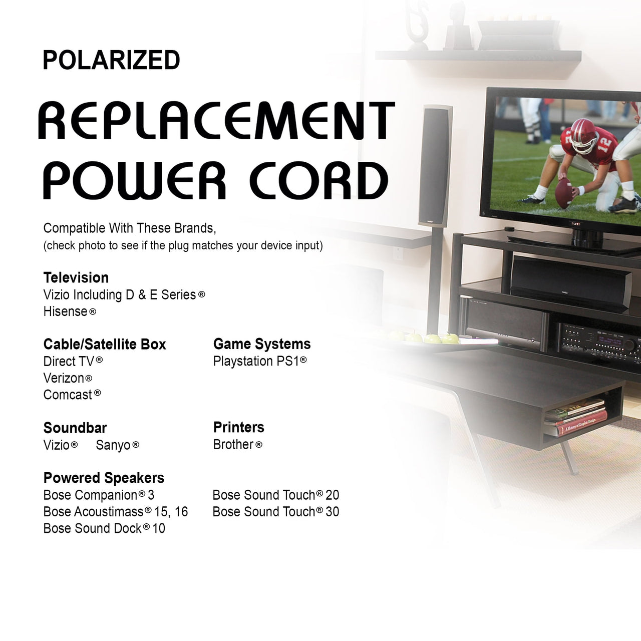 New Xtreme 10-ft Replacement Polarized Power Cord, Works with VIZIO, Hisense TVs, and Comcast