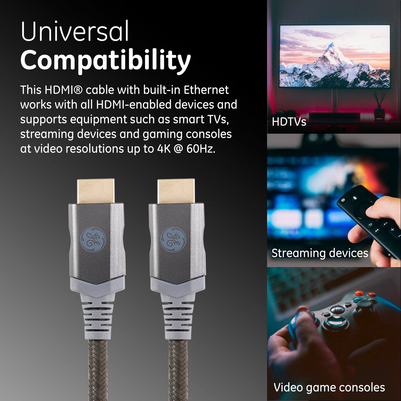 GE 4ft 4K HDMI 2.0 Cable with Built-in Ethernet, Gold-plated connectors, 48719
