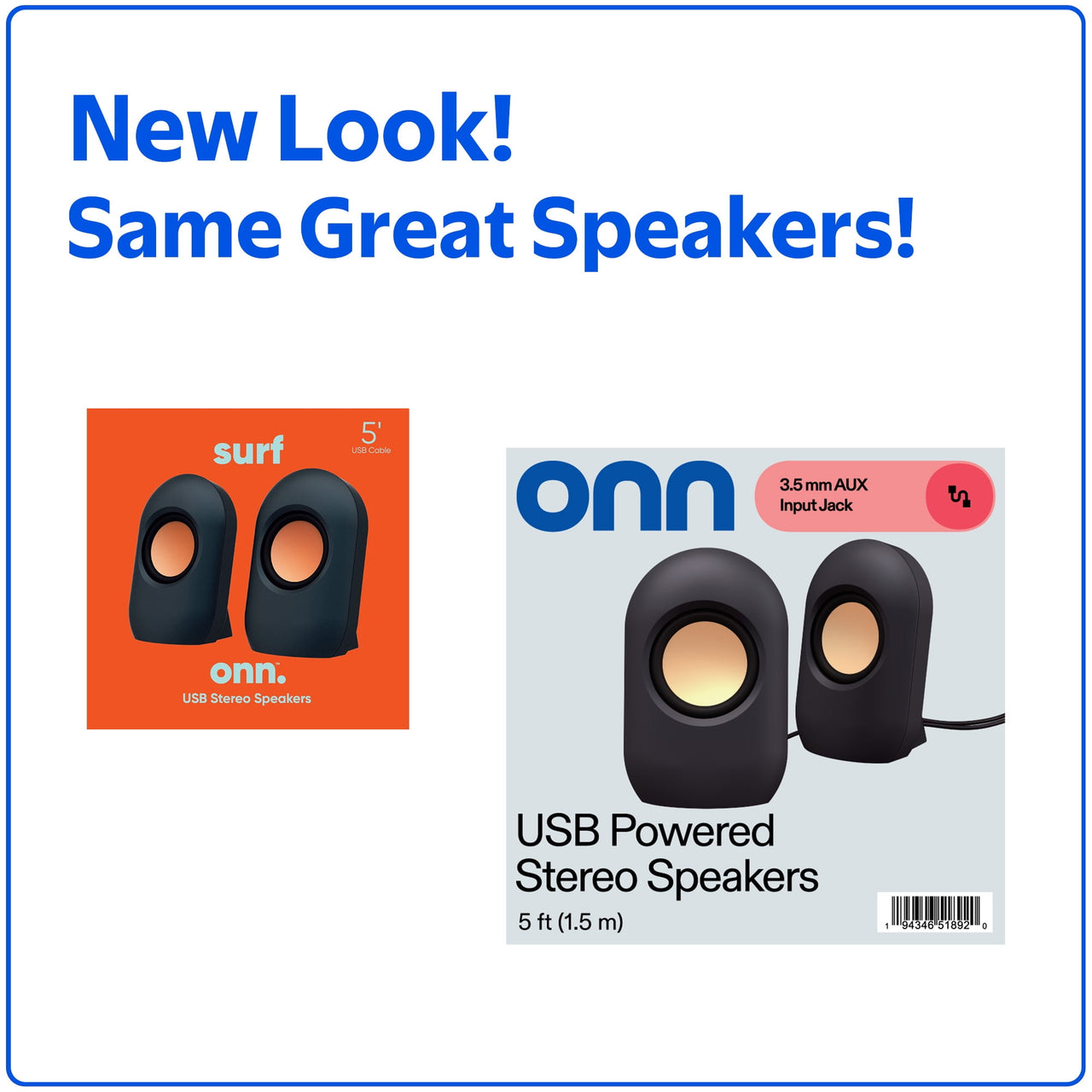 onn Stereo Speaker with Volume Controls, 3.6 ft 3.5mm Aux with USB Power Cable