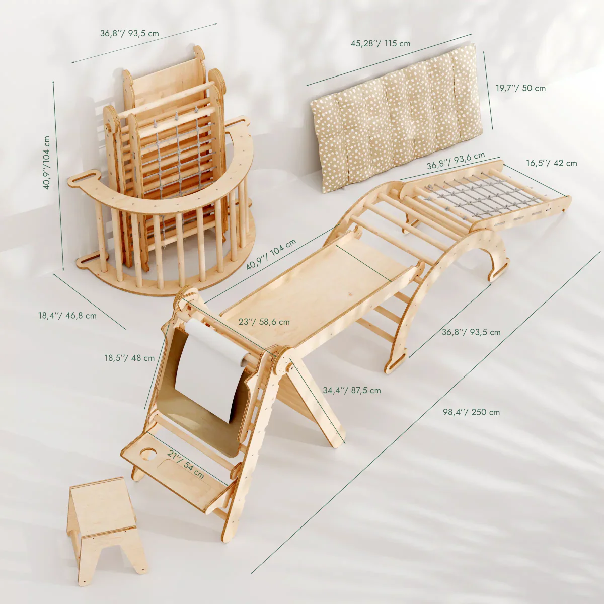 6in1 Montessori Climbing Set: Triangle Ladder + Arch/Rocker + Slide/Ramp + Net + Cushion + Art Addition