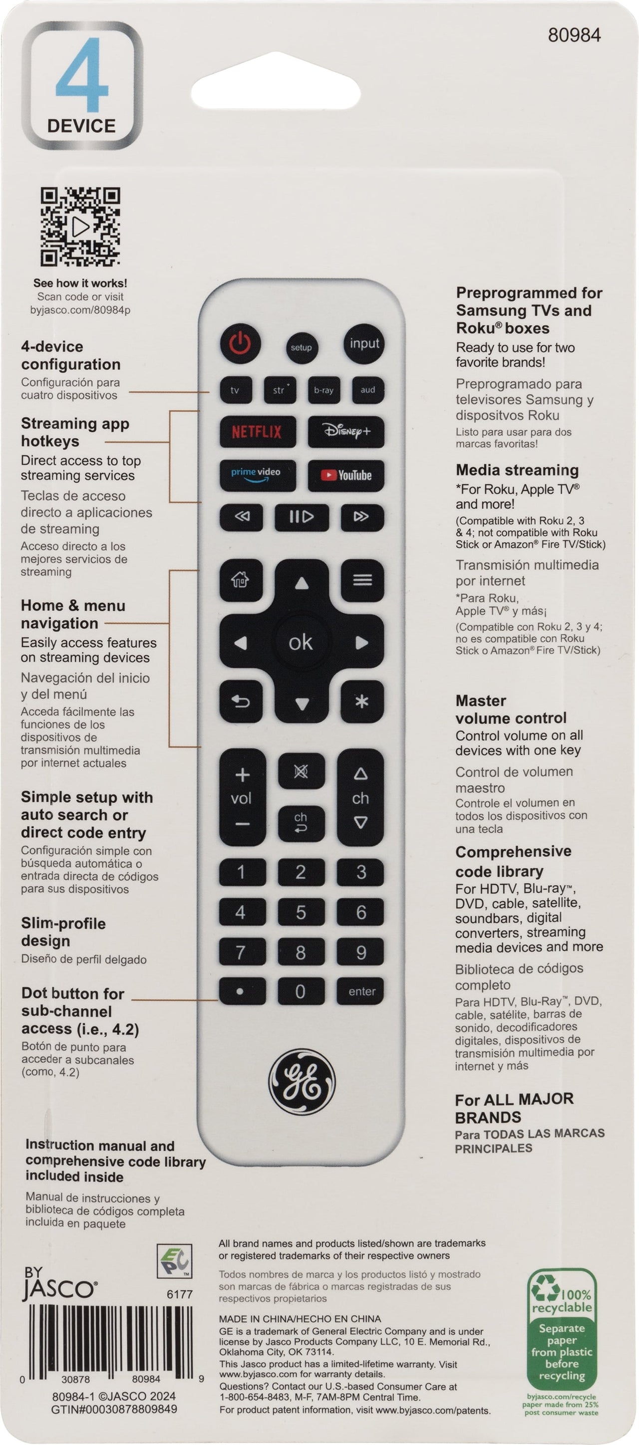 GE Universal Remote Control, 4 Device, Backlit, Rechargeable, Artic White, 80984