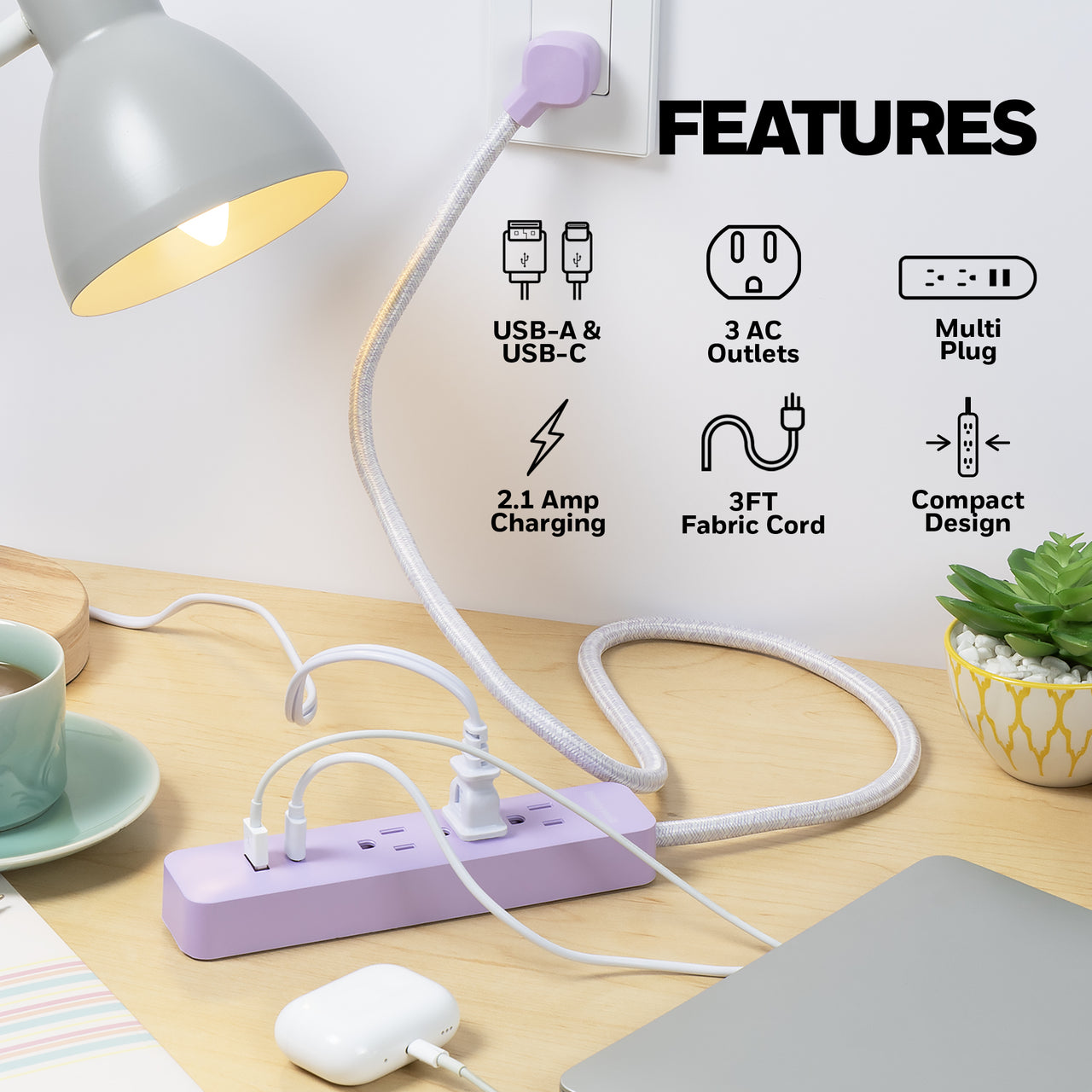 Honeywell 2-in-1 Pack Power Strips - 6 AC Outlets Surge + 3 AC 2 USB Strip (1 USB-A + 1 USB-C 2.1A) - Pink