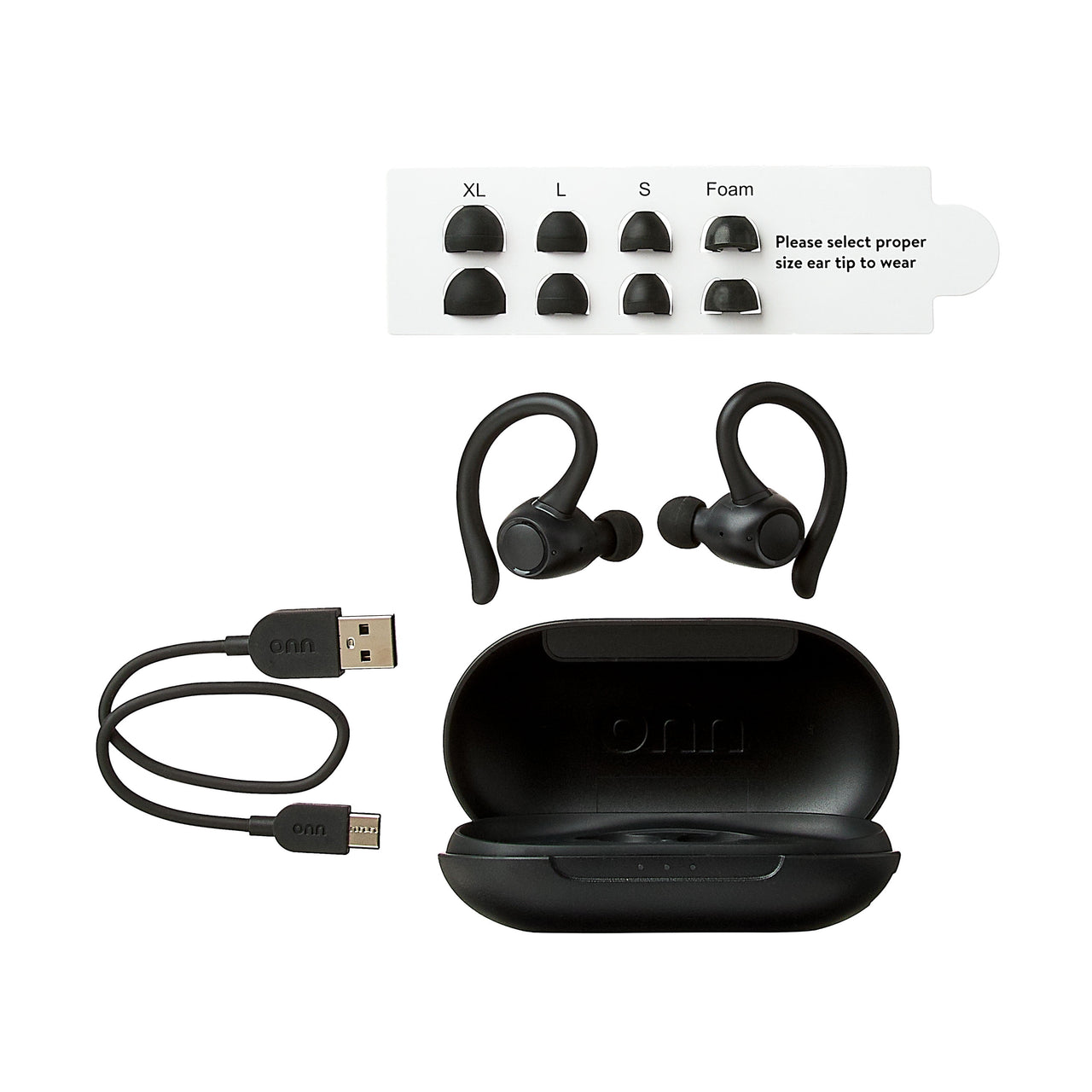 onn Wireless Earphones with Wireless Charging Case, Black
