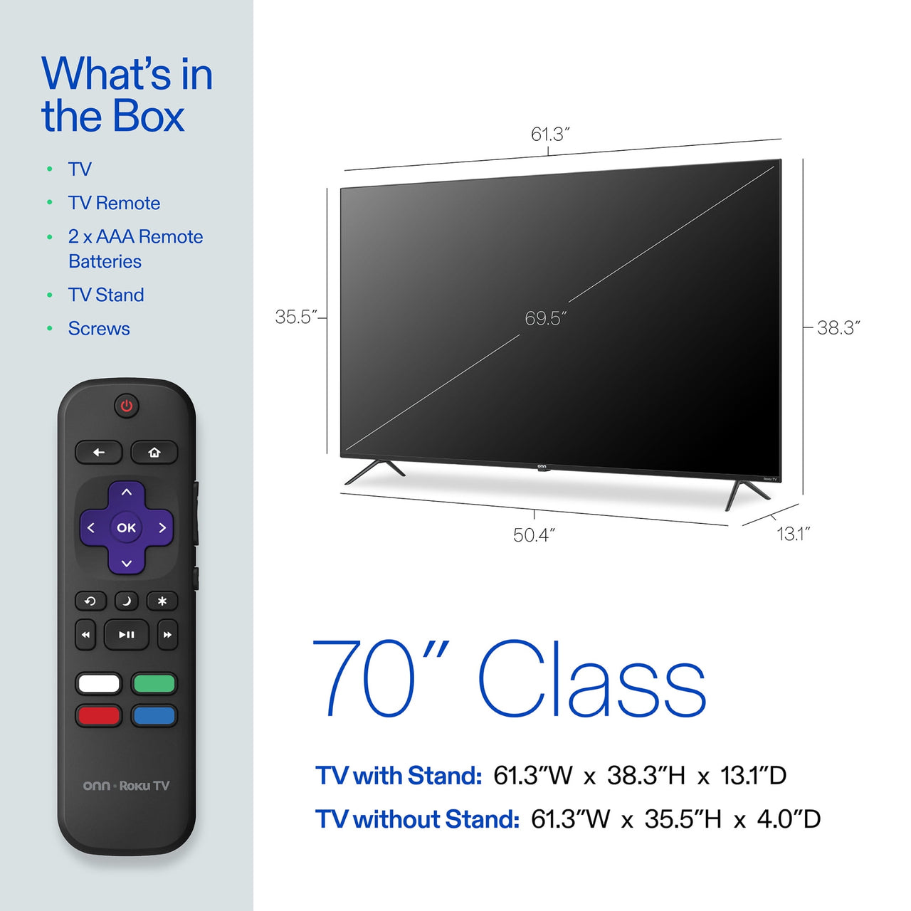 onn 70” Class 4K UHD Roku Smart Television, 100012588