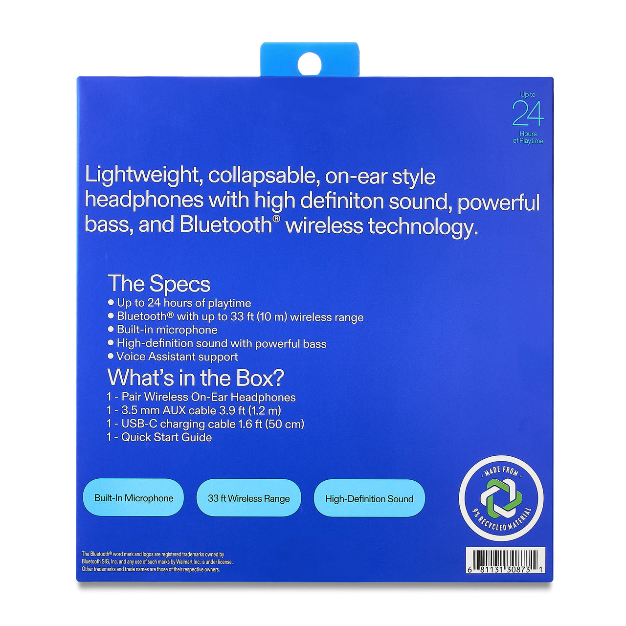 onn Wireless On-Ear Headphones, Black