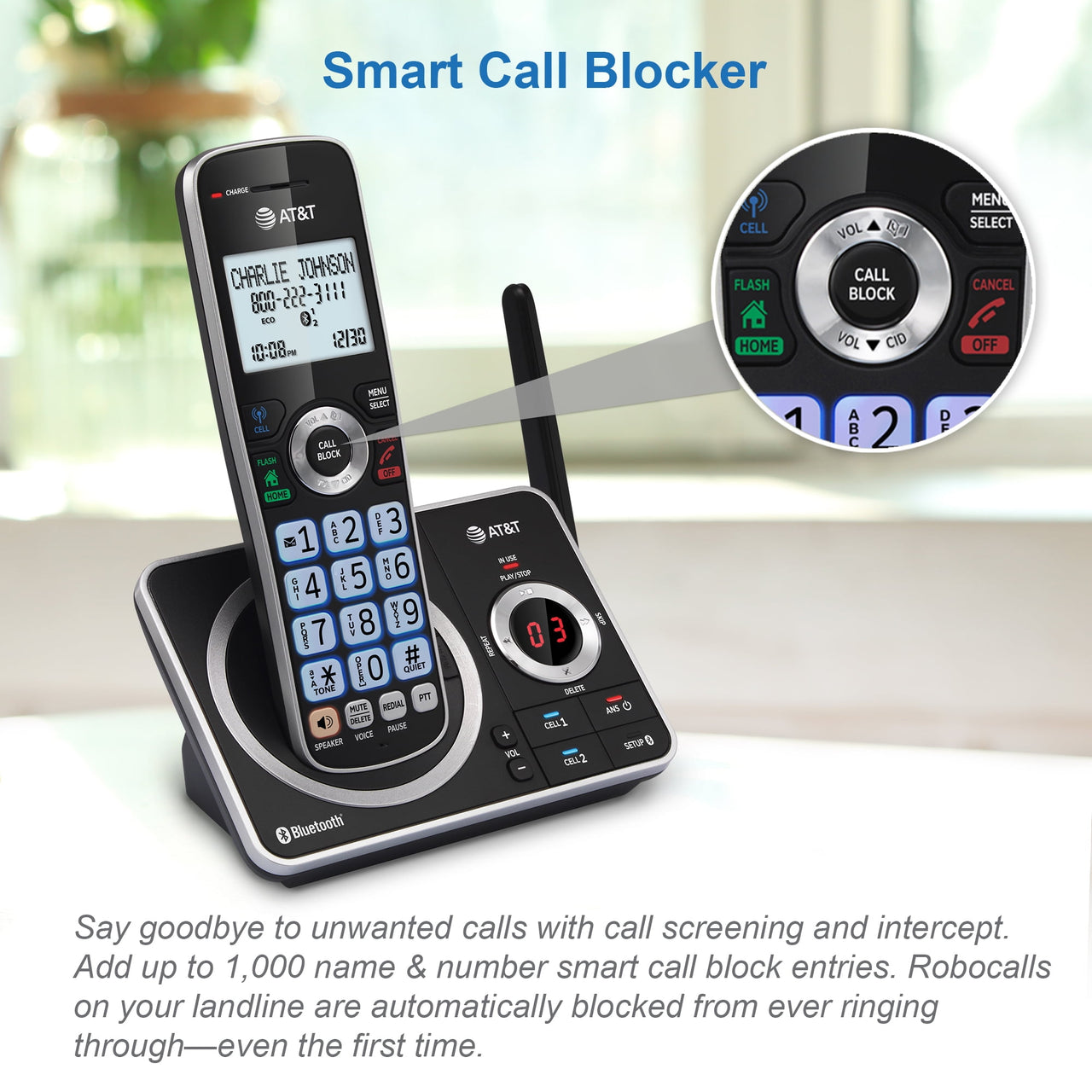 AT&T 4-Handset Expandable Cordless Phone with Unsurpassed Range, Bluetooth Connect to Cell, Smart Call Blocker and Answering System, DLP72412 (Black)