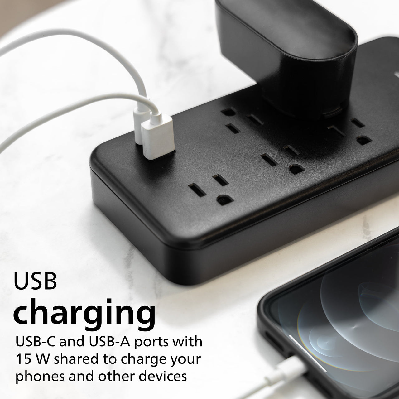 Philips 6-ft 5-Outlet Surge Protector, 1 USB-a, 1 USB-C, 15W, 1500J, Braided Cord, Black