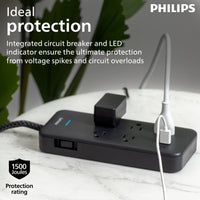 Philips 6-ft 5-Outlet Surge Protector, 1 USB-a, 1 USB-C, 15W, 1500J, Braided Cord, Black
