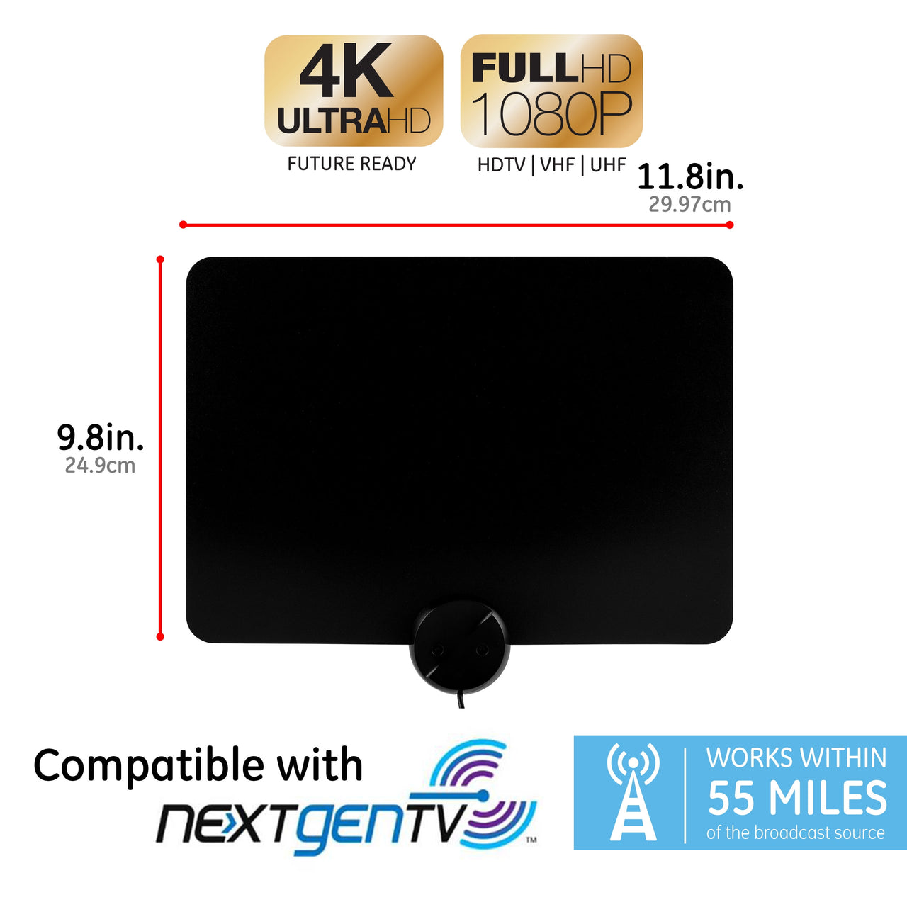 GE Amplified Indoor HDTV Antenna, 55-mile Range, VHF 1080P 4K, Black, 48862