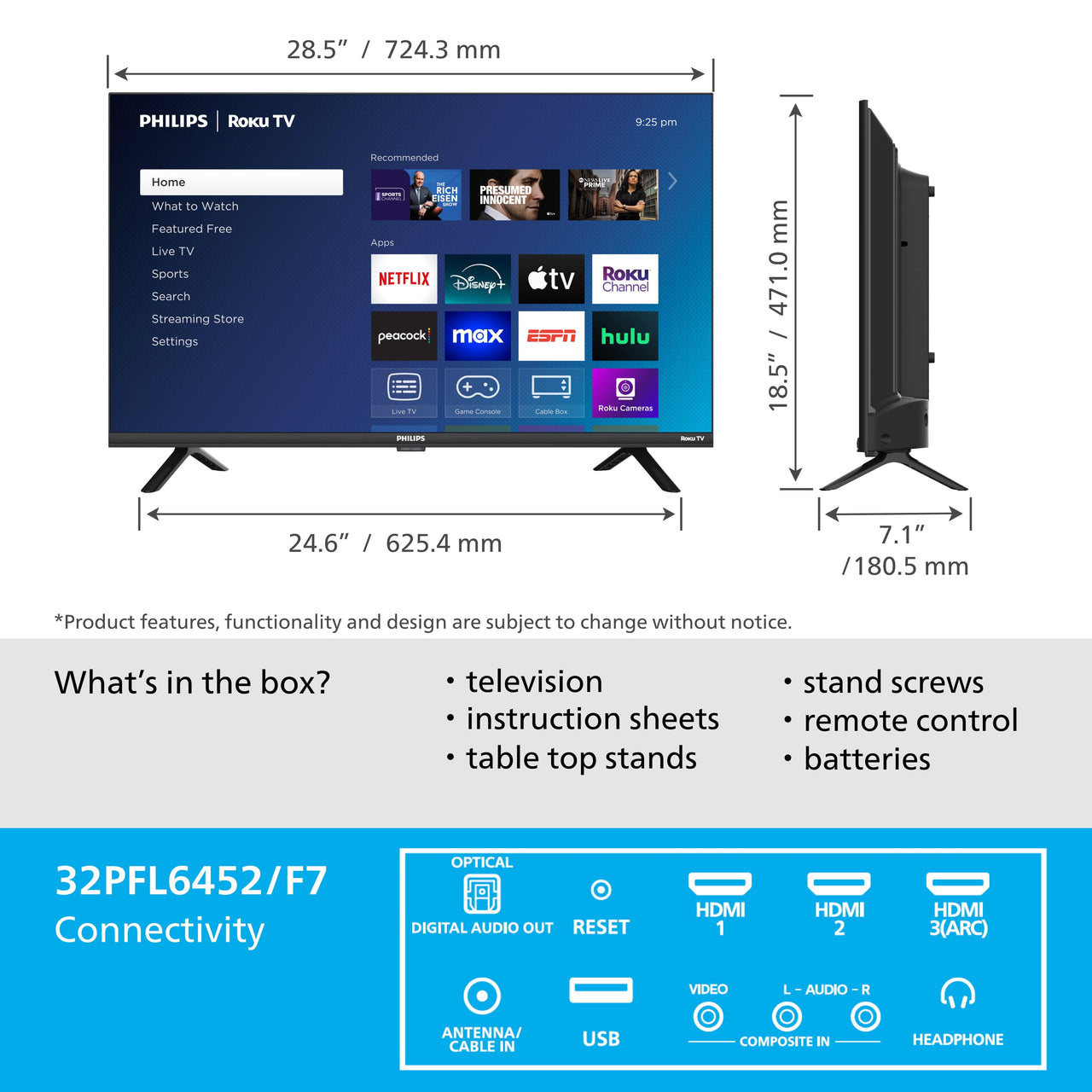 Philips 32" Class HD (720P) Smart Roku Borderless LED TV (32PFL6452/F7) (New)