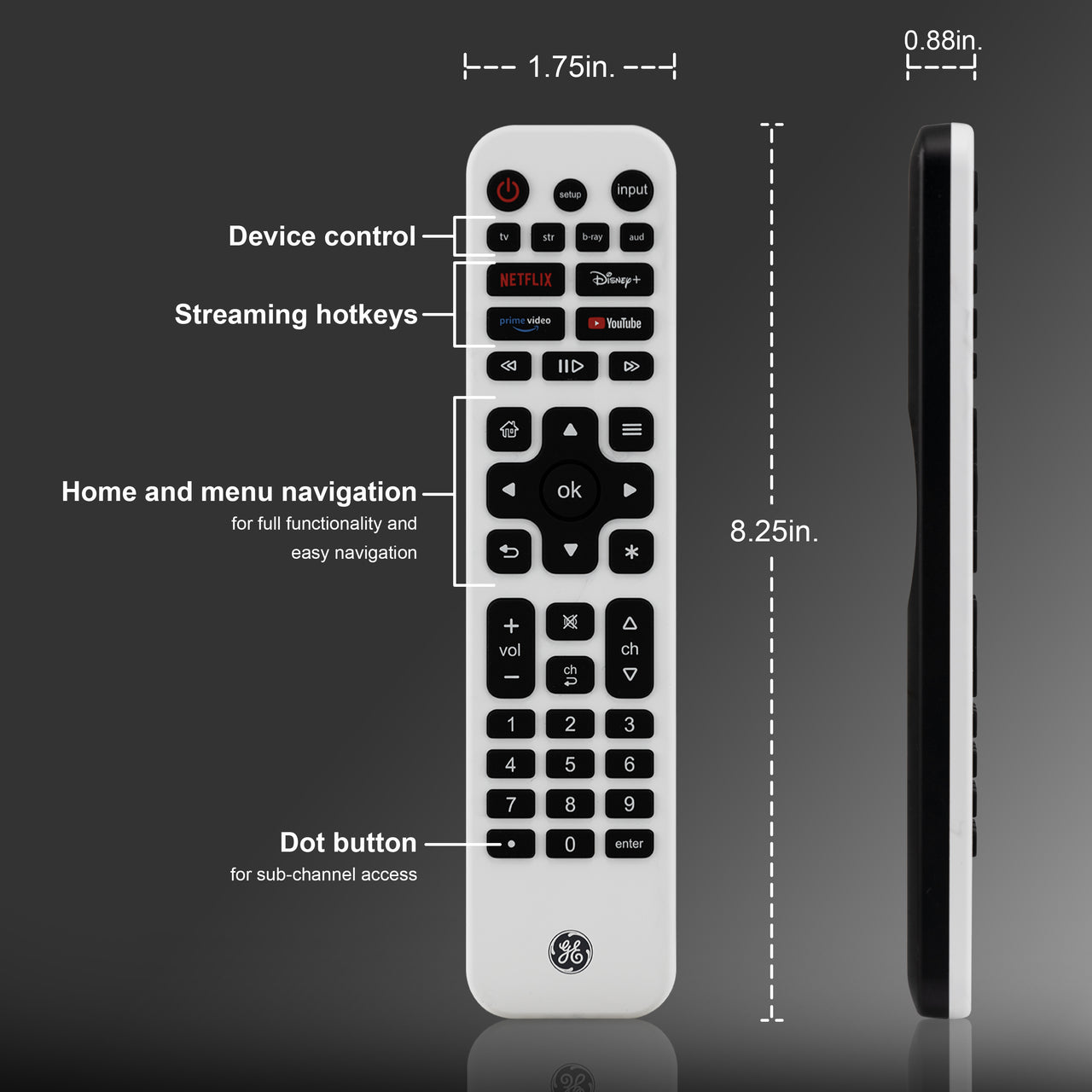 GE Universal Remote Control, 4 Device, Backlit, Rechargeable, Artic White, 80984