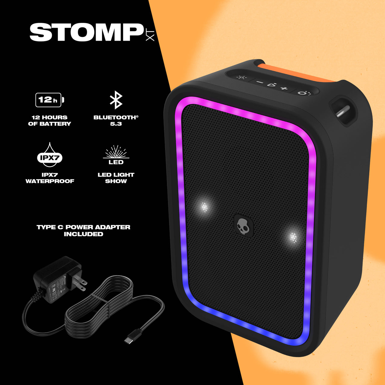 Skullcandy Stomp Waterproof USB Charge Out LED Lighting Wireless Bluetooth Portable Speaker, Black