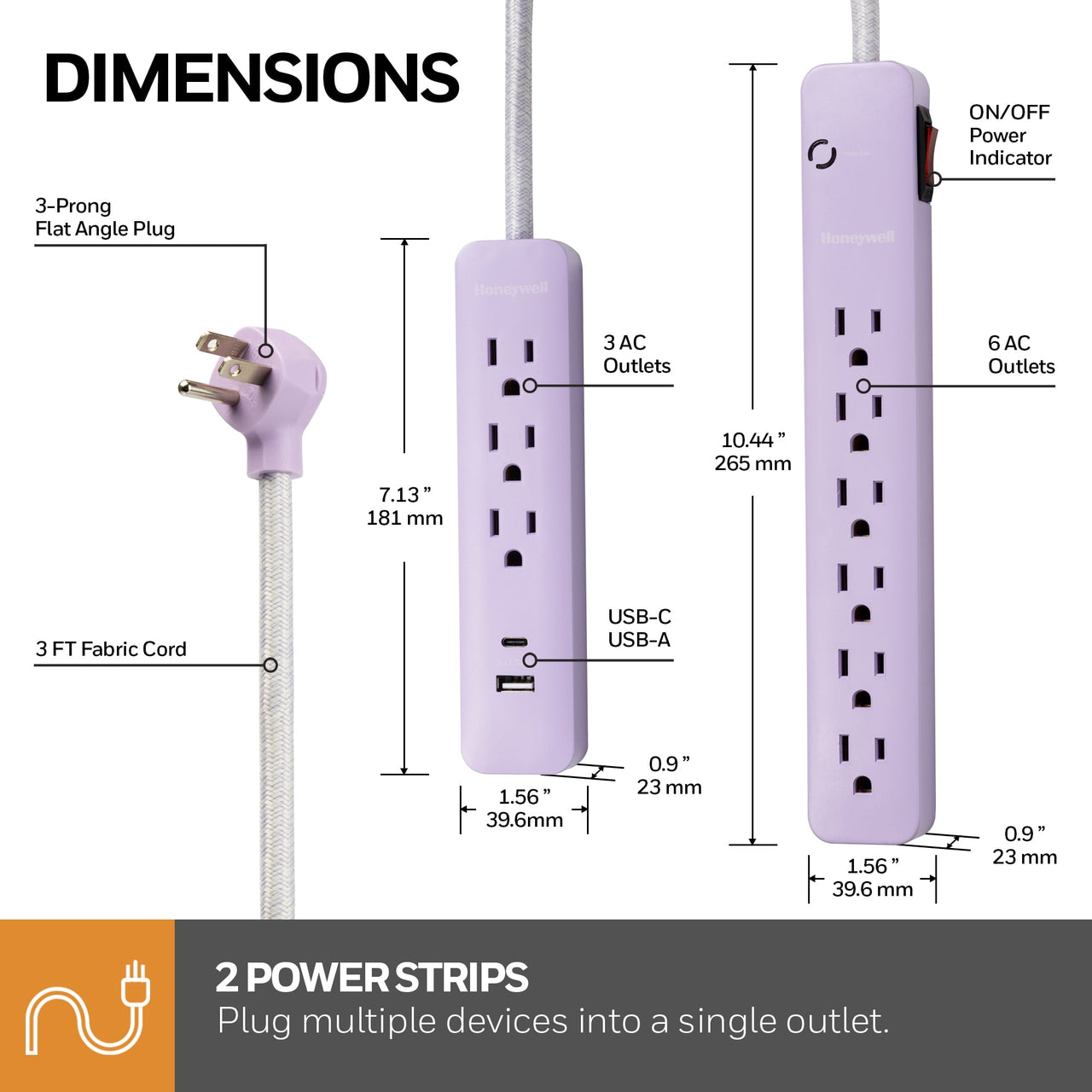 Honeywell 2-in-1 Pack Power Strips - 6 AC Outlets Surge + 3 AC 2 USB Strip (1 USB-A + 1 USB-C 2.1A) - Pink