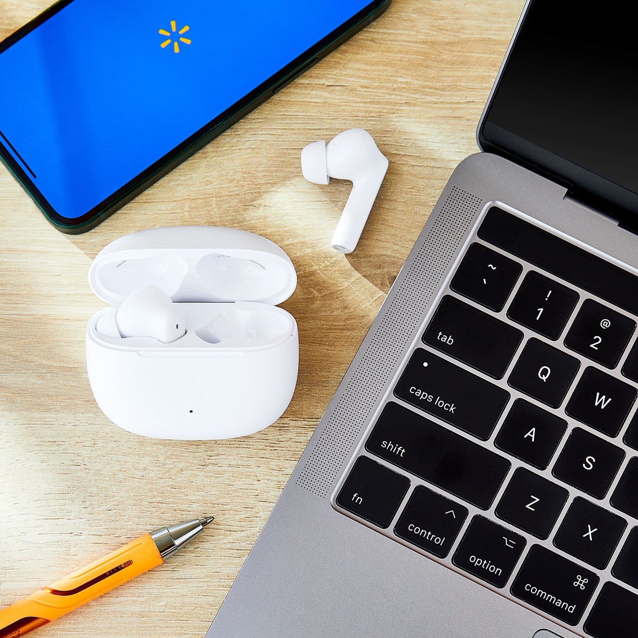onn Bluetooth Wireless Earphones with Active Noise Canceling and Wireless Charging Case, White