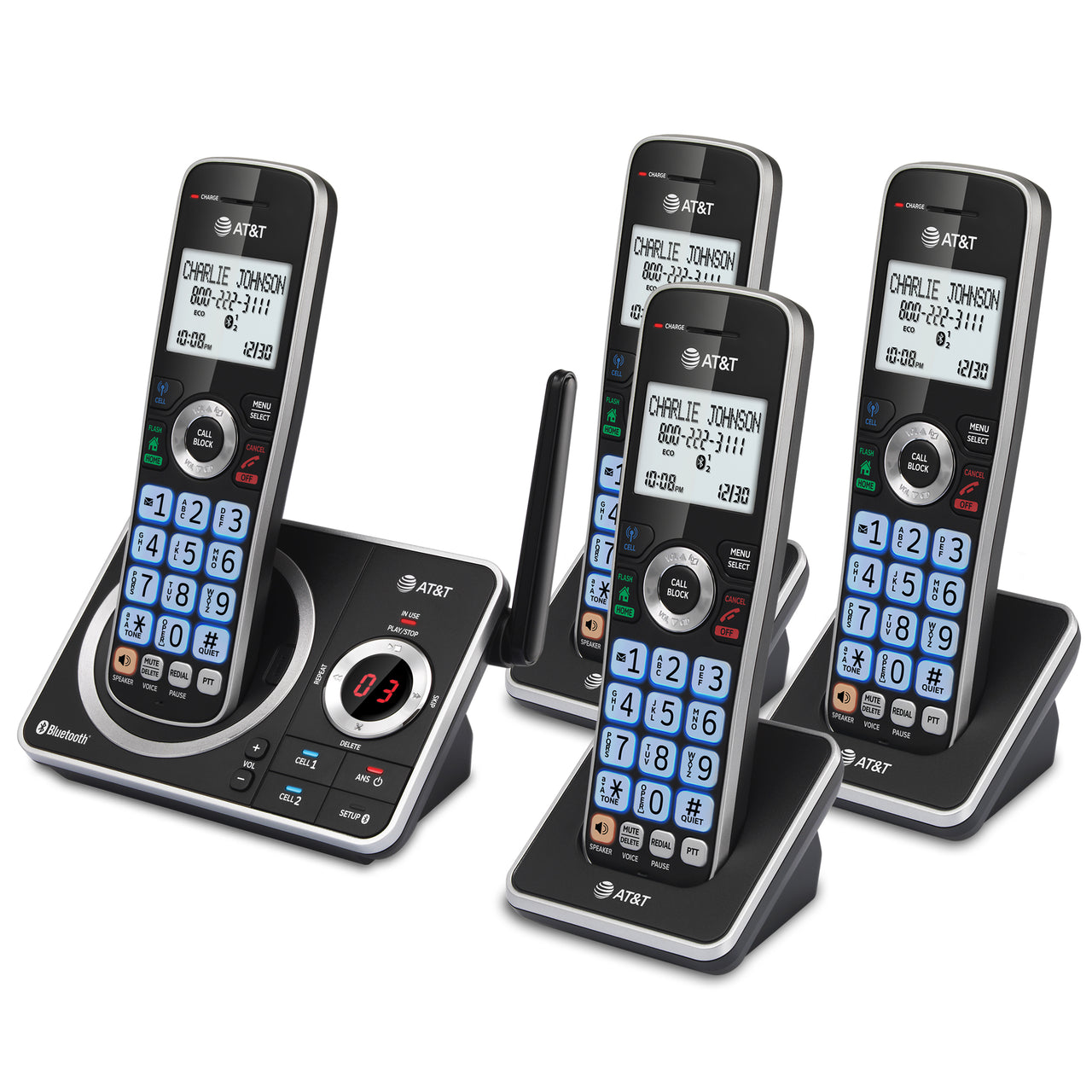 AT&T 4-Handset Expandable Cordless Phone with Unsurpassed Range, Bluetooth Connect to Cell, Smart Call Blocker and Answering System, DLP72412 (Black)