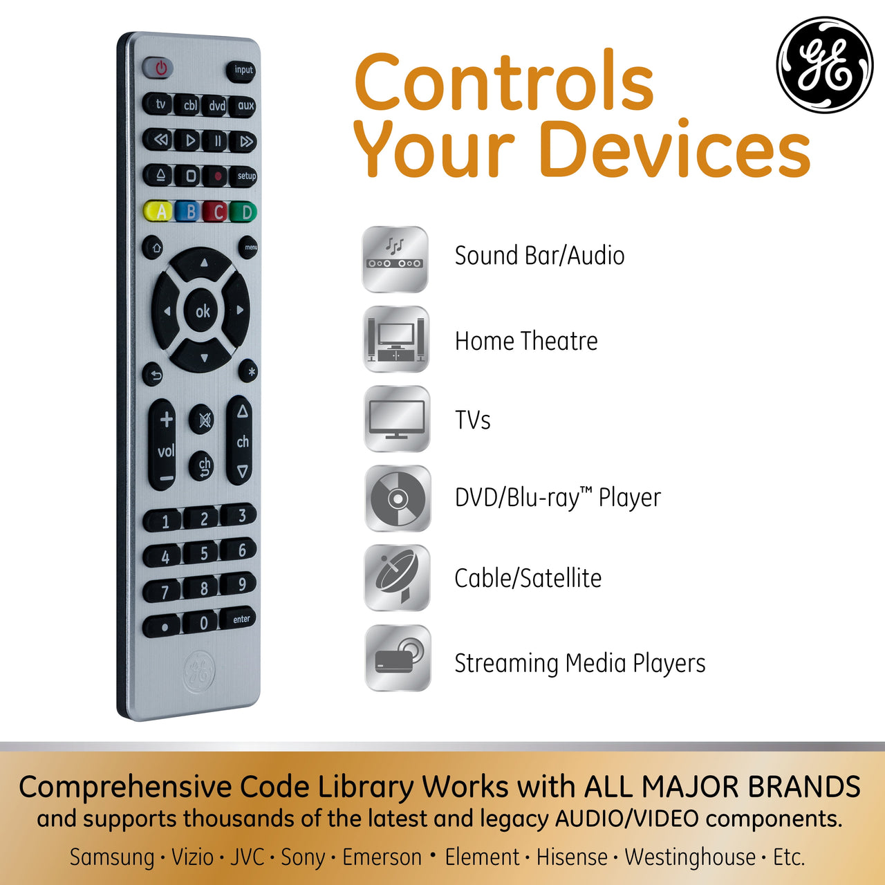 GE 4-Device Universal TV Remote Control in Brushed Silver, 33709