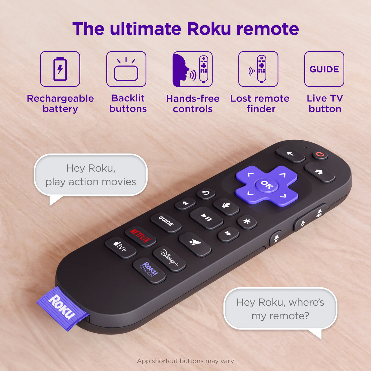 Roku Voice Remote Pro (2nd Ed.) - Rechargeable TV Remote Control with Hands-free Voice Controls, Backlit Buttons, & Lost Remote Finder - Replacement Remote Compatible with All Roku TV, Players, Audio