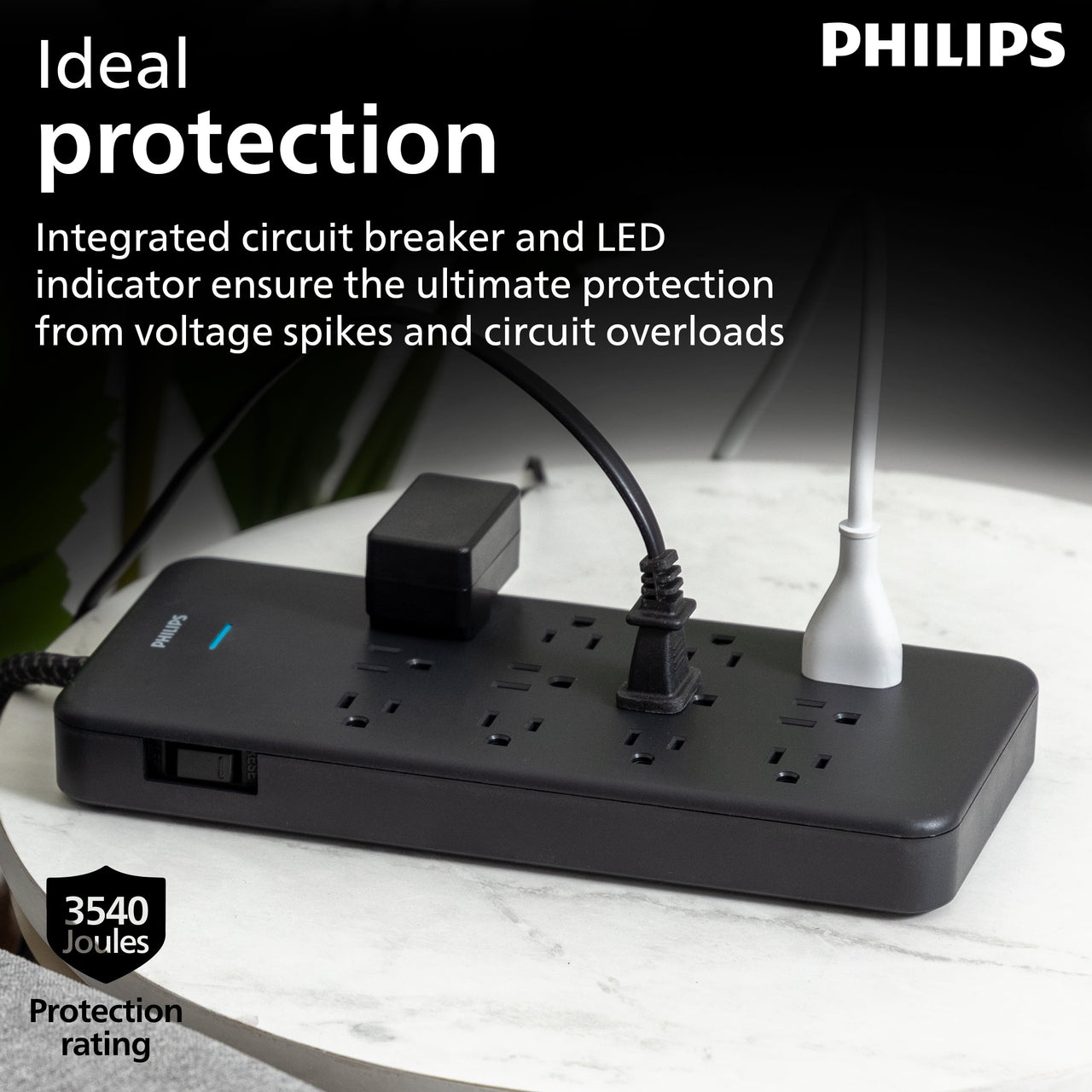 Philips Surge Protector, 12 Outlet, Adapter-Spaced, 3500J, Braided Cord, 6ft, Black,