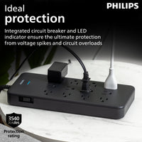 Philips Surge Protector, 12 Outlet, Adapter-Spaced, 3500J, Braided Cord, 6ft, Black,