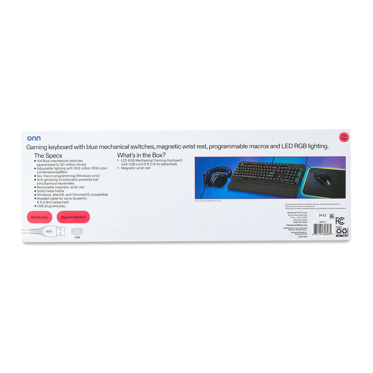 onn Gaming Mechanical Keyboard with Blue Switches, Adjustable 16.8M LED Lighting, 104 Keys, Black