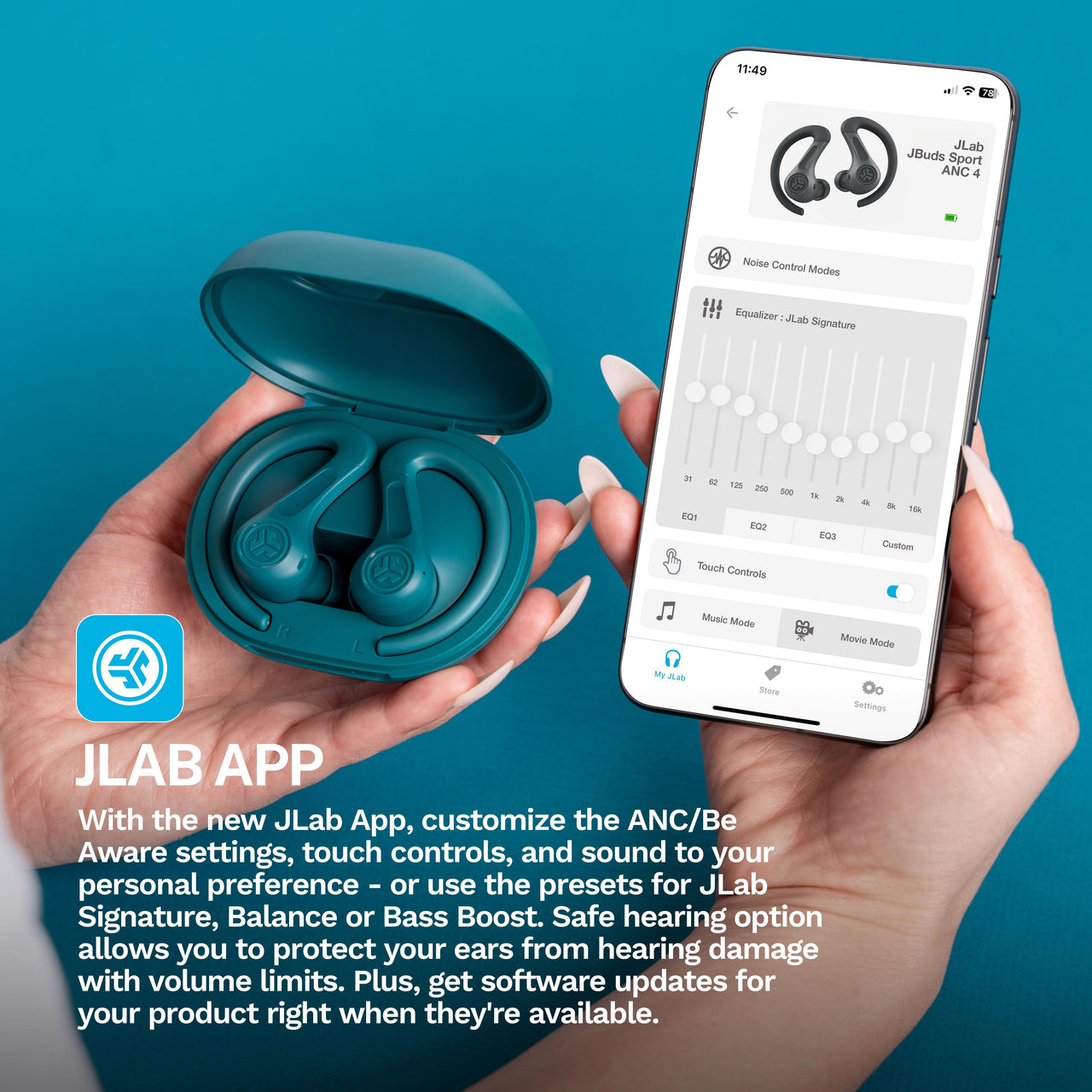 JLab JBuds Sport ANC 4 True Wireless Earbuds, Teal, Hybrid ANC, Touch Controls, Multipoint, App Customization