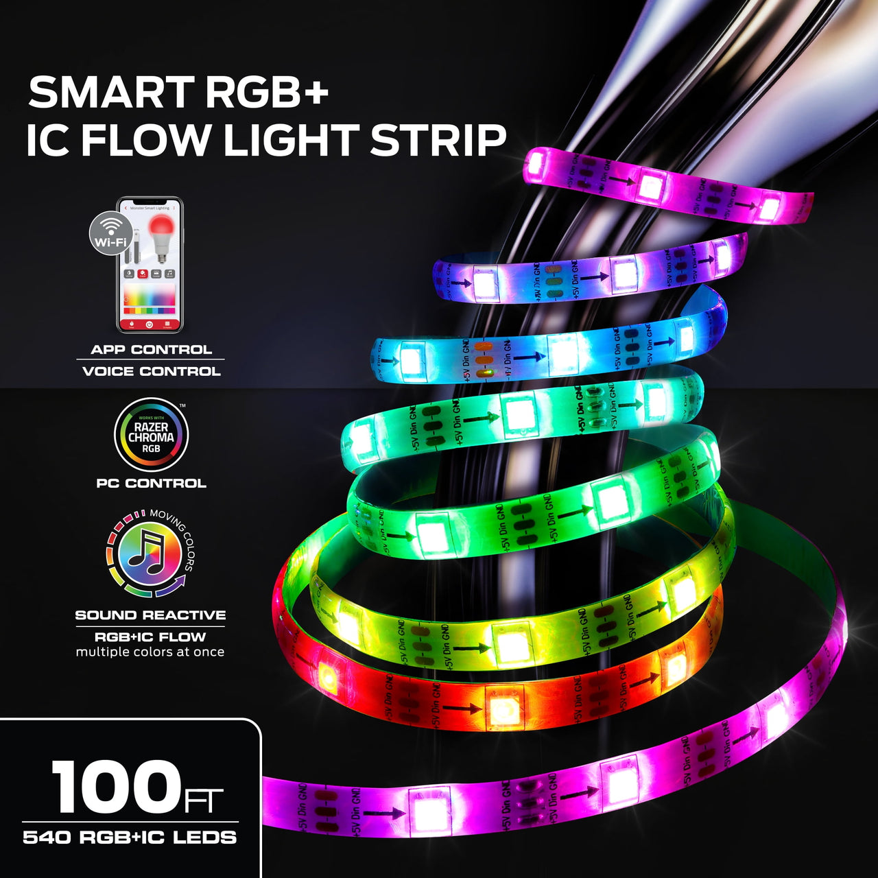 Monster Smart Lighting Indoor LED Strip Lights, RGBIC Multicolor Flow LED Lights, for Christmas, Halloween, Party, Gameday and More, 100’