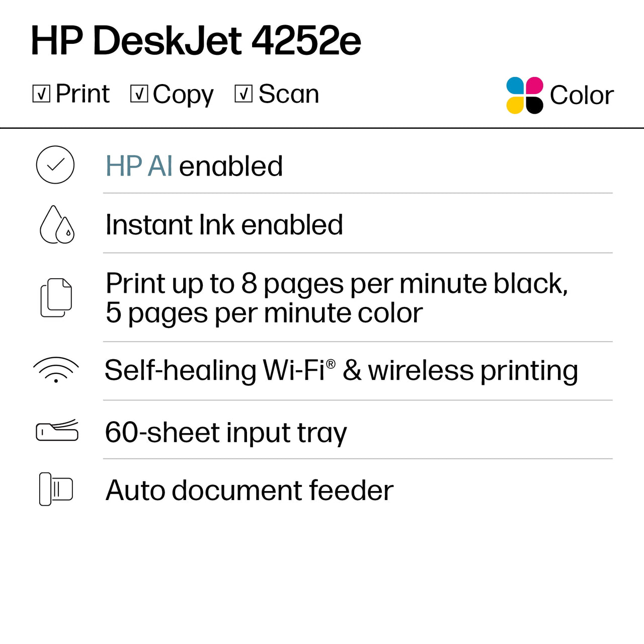HP DeskJet 4252e Wireless All-in-One Color Inkjet Printer (White), Scanner, Copier, 3 months Free Instant Ink