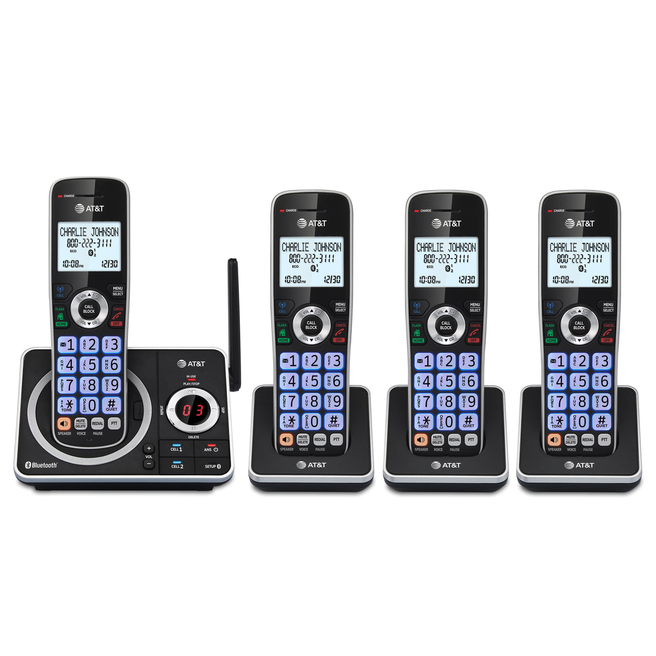 AT&T 4-Handset Expandable Cordless Phone with Unsurpassed Range, Bluetooth Connect to Cell, Smart Call Blocker and Answering System, DLP72412 (Black)