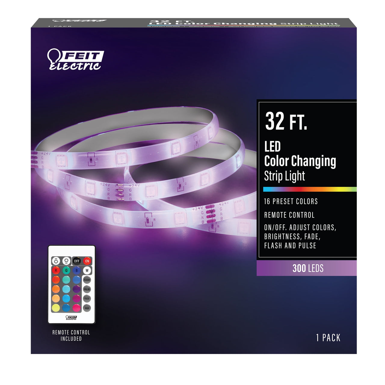 Feit Electric 32' Indoor/Covered Patio Color Changing LED Strip Light with Remote, RGB LED Plug-in