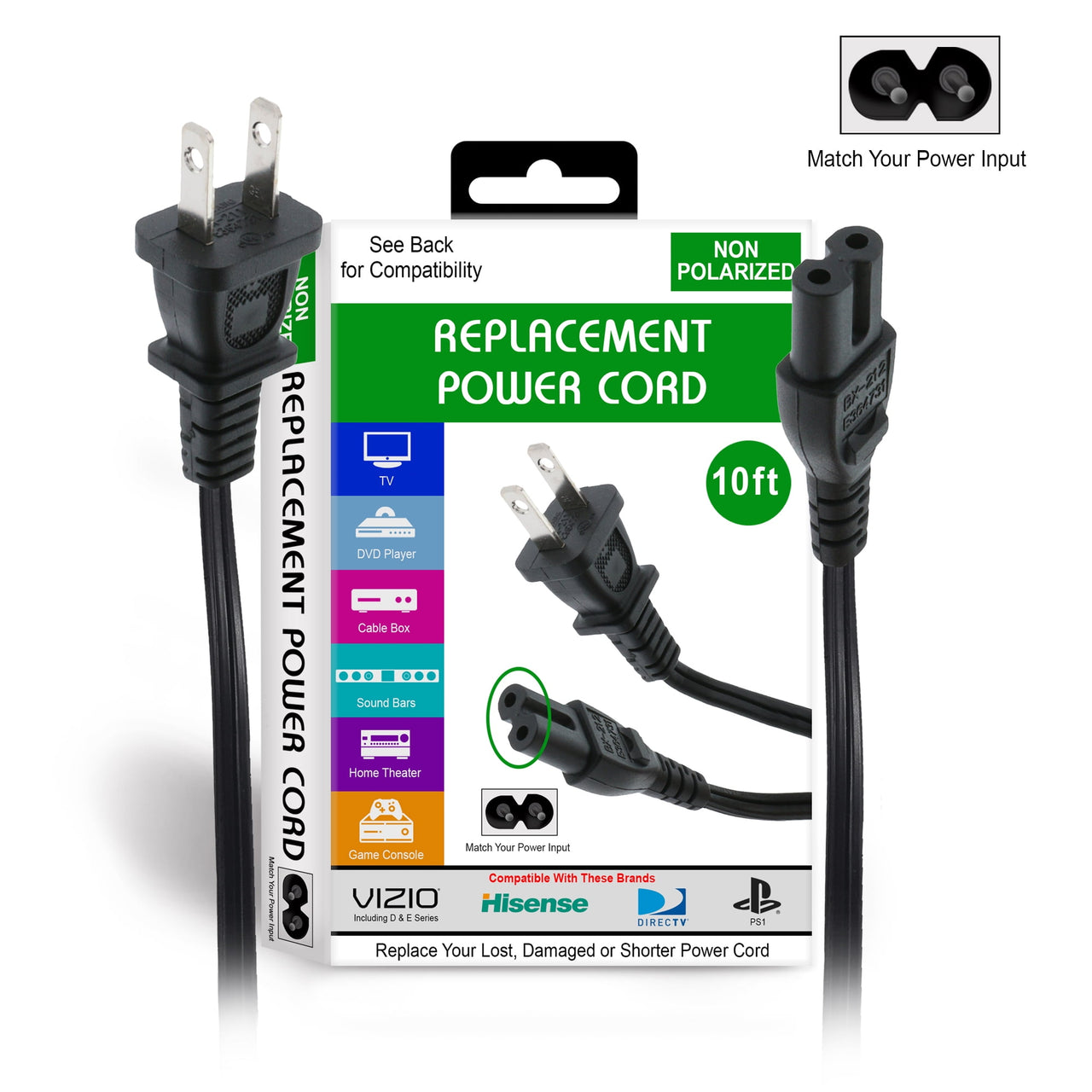 New 10ft Non-Polarized Replacement Power Cord, Works With Game Consoles, Cable Boxes, Printers