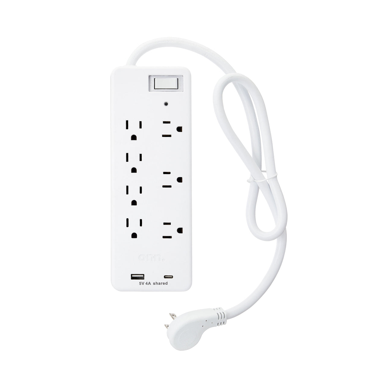 onn 7-Outlet Surge Protector with 1 USB Port, and 1 USB-C Port, and 2.5' Power Cord, White