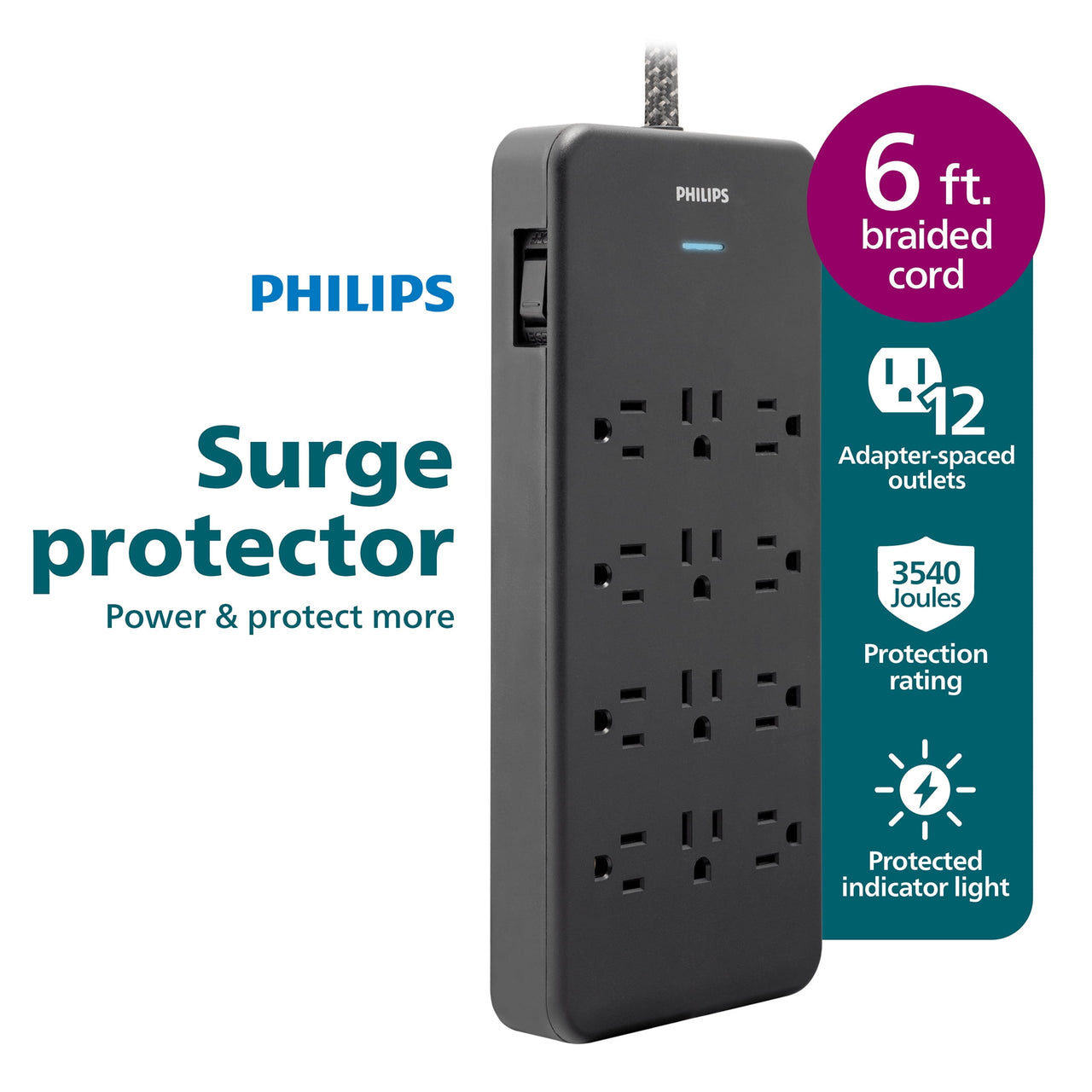 Philips Surge Protector, 12 Outlet, Adapter-Spaced, 3500J, Braided Cord, 6ft, Black,