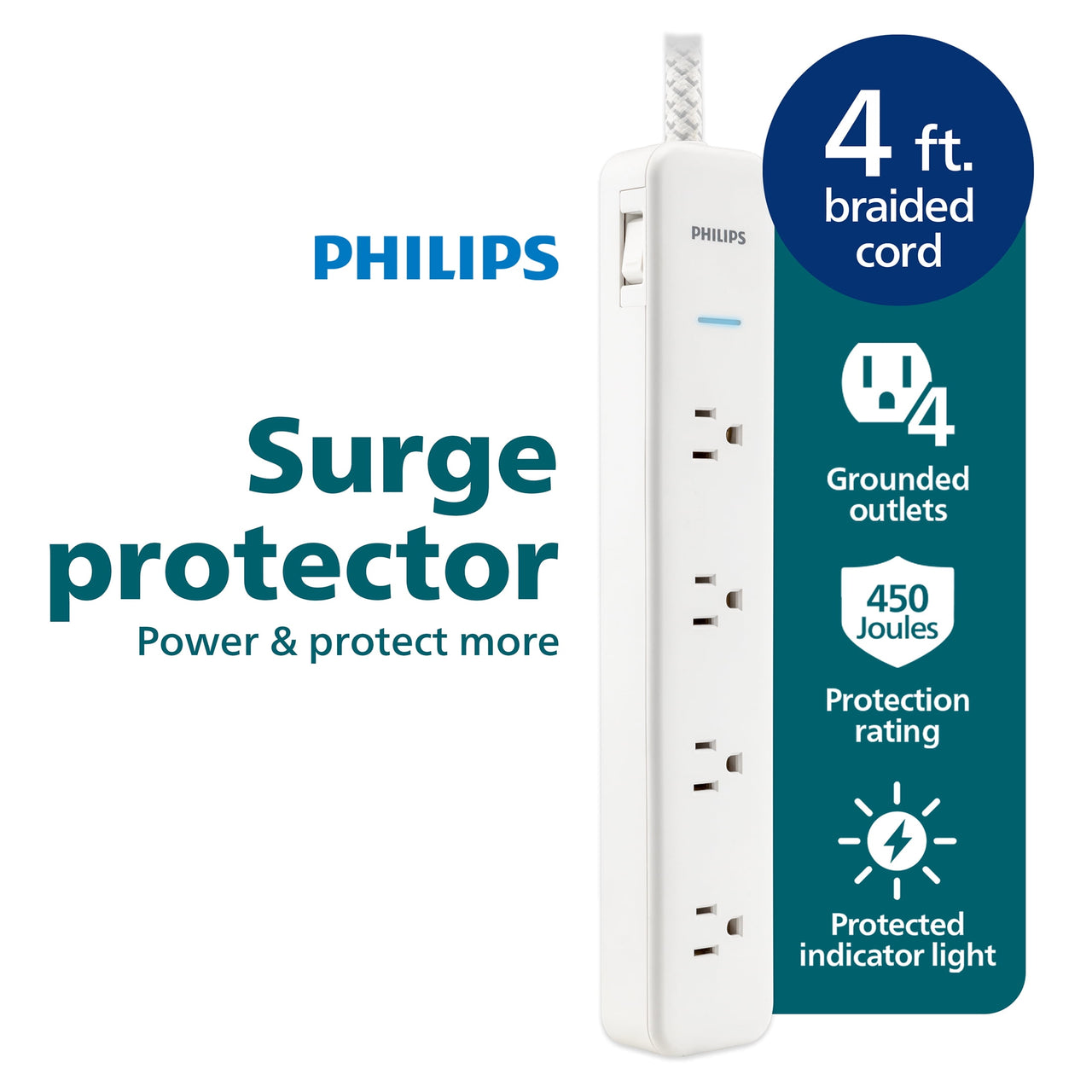 Philips Surge Protector, 4 Outlet, Adapter-Spaced, 450J, Braided Cord, 4ft, White