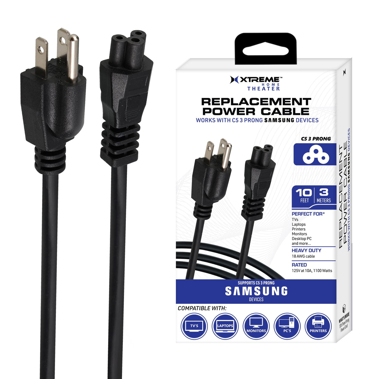 Xtreme 3 Prong 10ft Replacement Power Cable for Samsung and LG Computers, TV, New Monitors