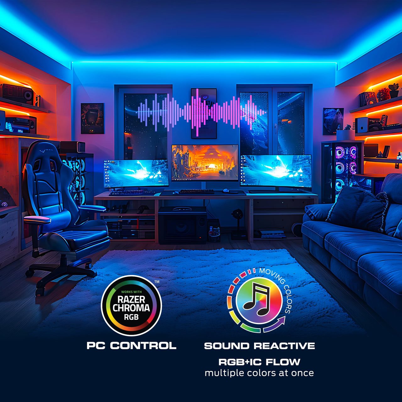 Monster Smart Lighting Indoor LED Strip Lights, RGBIC Multicolor Flow LED Lights, for Christmas, Halloween, Party, Gameday and More, 100’