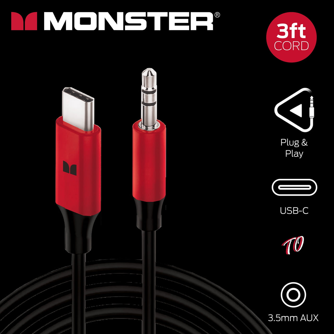 Monster MCA2-2002-BLK 3ft USB-C to 3.5mm AUX Cable Automotive/Portable Use 3 Foot Cable