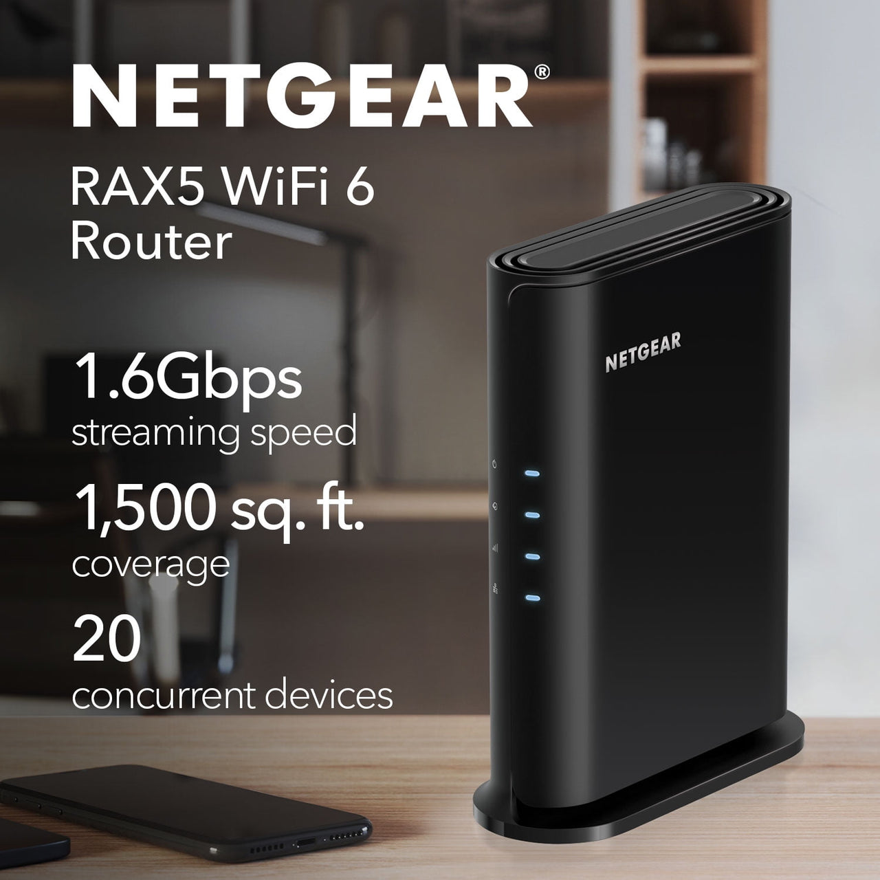 NETGEAR WiFi 6 Router (RAX5) – Security Features, AX1600 Wireless Speed (Up to 1.6 Gbps) - Covers up to 1,500 sq. ft., 20 Devices