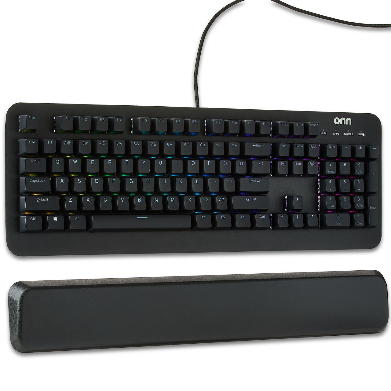 onn Gaming Mechanical Keyboard with Blue Switches, Adjustable 16.8M LED Lighting, 104 Keys, Black
